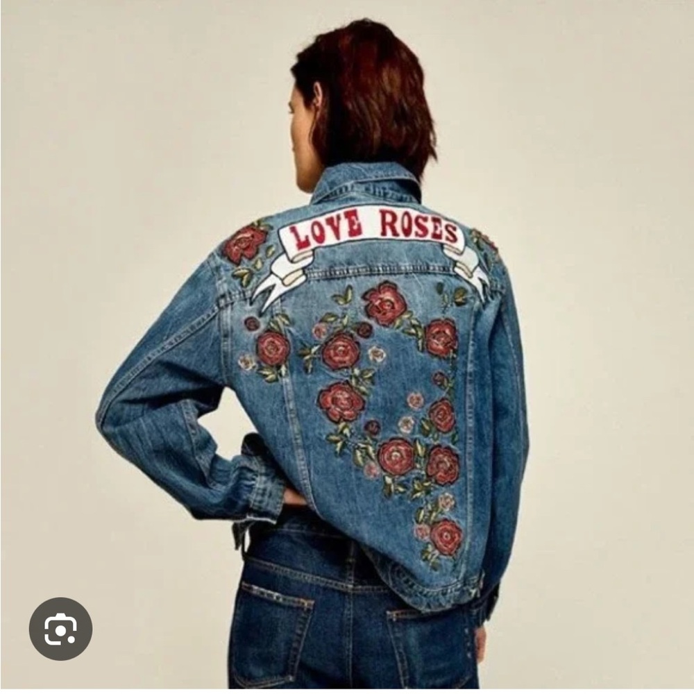 Zara Blue Jean Jacket with Red Rose Embroidery